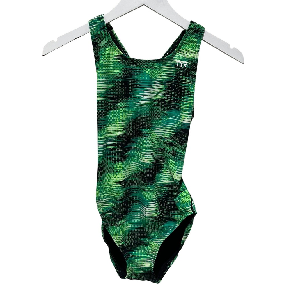 NEW TYR Surge Maxfit One Piece Swimsuit Sz 36 Green Black Abstract Performance